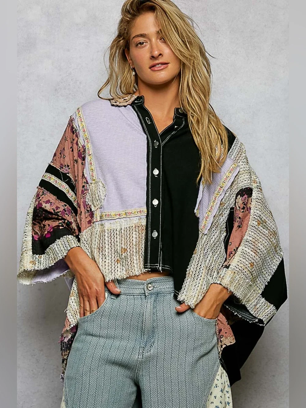 POL “ Topanga Hideaway “ Poncho Patchwork Cotton Oversized Top | Lilac / Black - Picture 5 of 9